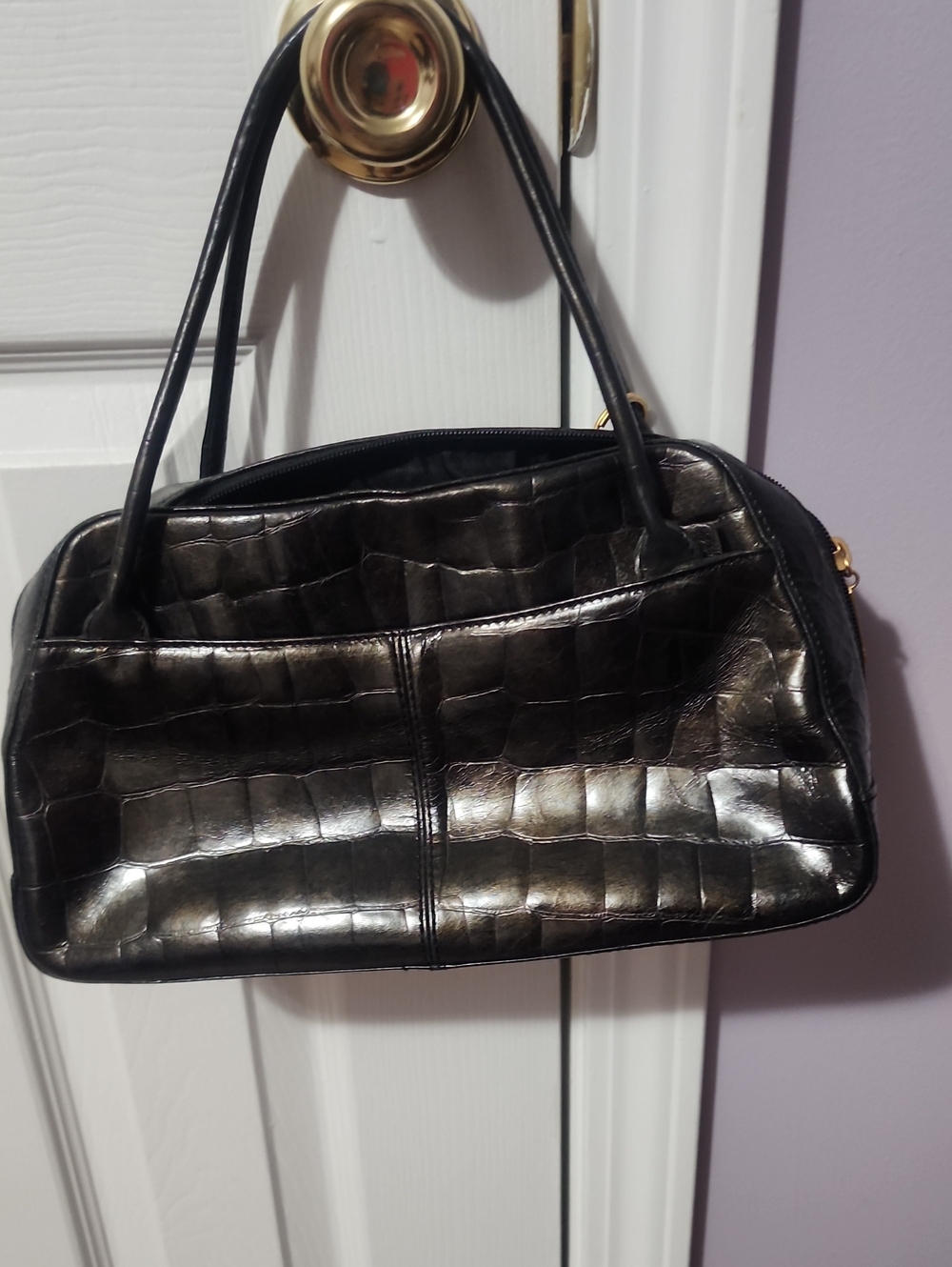 Croc-Embossed Metallic Satchel in Dark Pewter